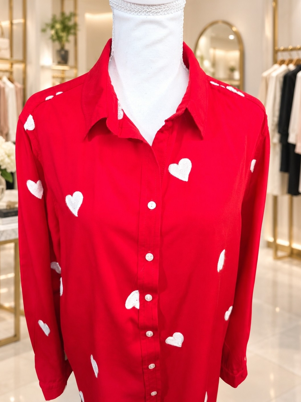 Jane + Delancey Red White Heart Print Button Down Shirt Size L Valentine - Picture 2 of 7